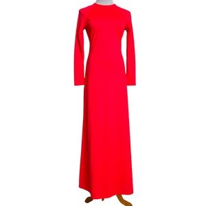 Vintage 70s Estivo Long Sleeve Neon Red Pink Poly Keyhole Back Tie Maxi Dress